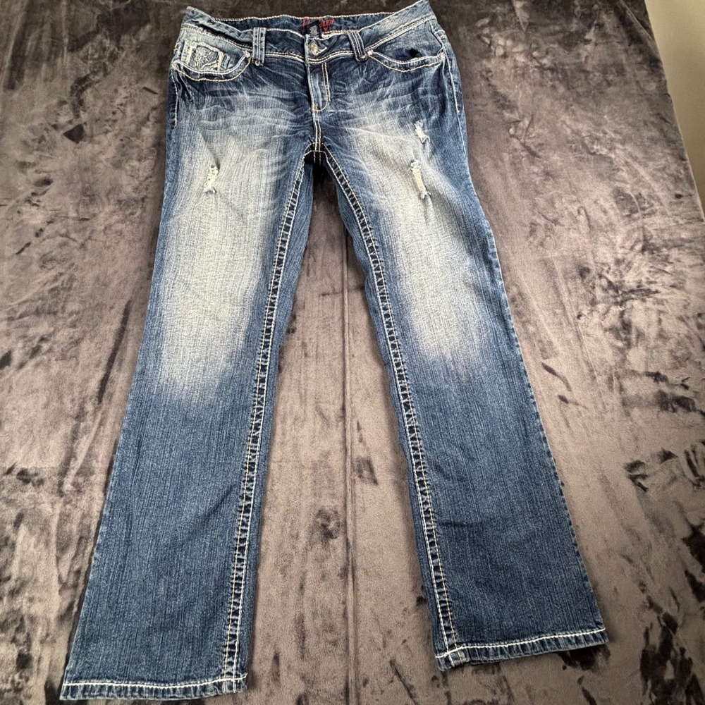 Amethyst Jeans Bootcut Women Size 16 Blue Distressed Embroidered Flap Pocket